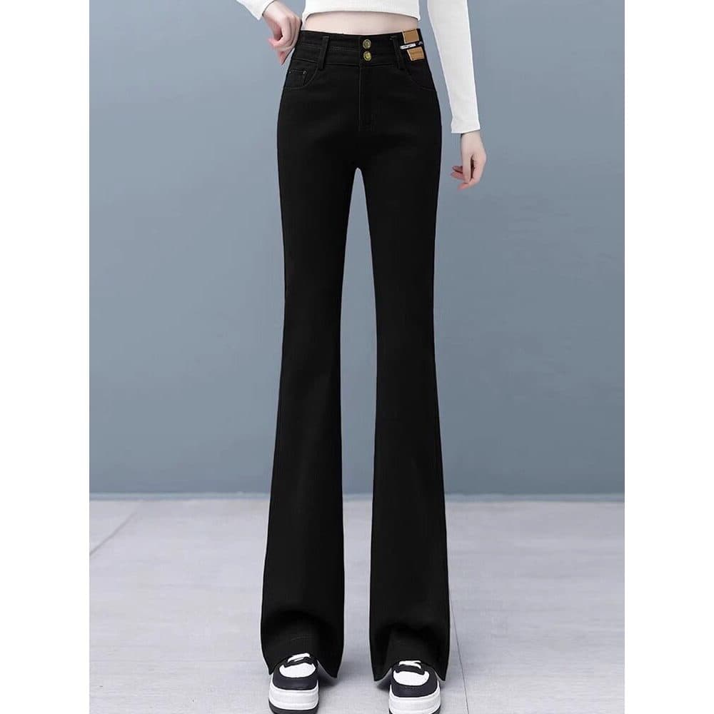 Cintura alta queimado Jeans feminino 2025 primavera outono novo estilo mais magro olhar chão-mopping ferradura calças so