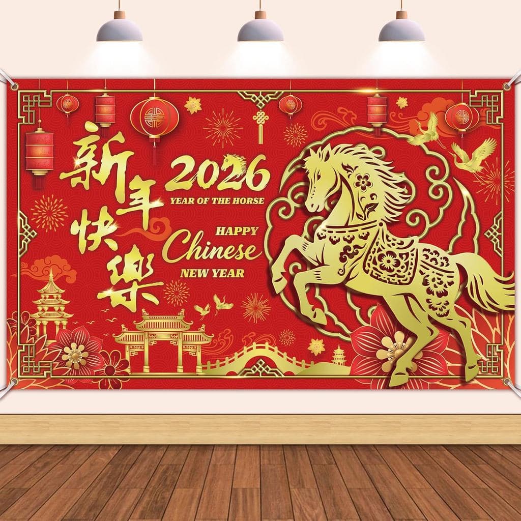 Decorações de Ano Novo Chinês 2026, Grande Faixa de 71" X 43" do Ano do Cavalo para Decorações do Festival da Primavera
