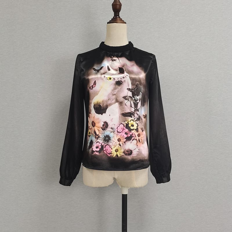 Contra desconto impresso camisa de manga comprida feminina preto mais magro olhar gola alta temperamento All-Match simpl