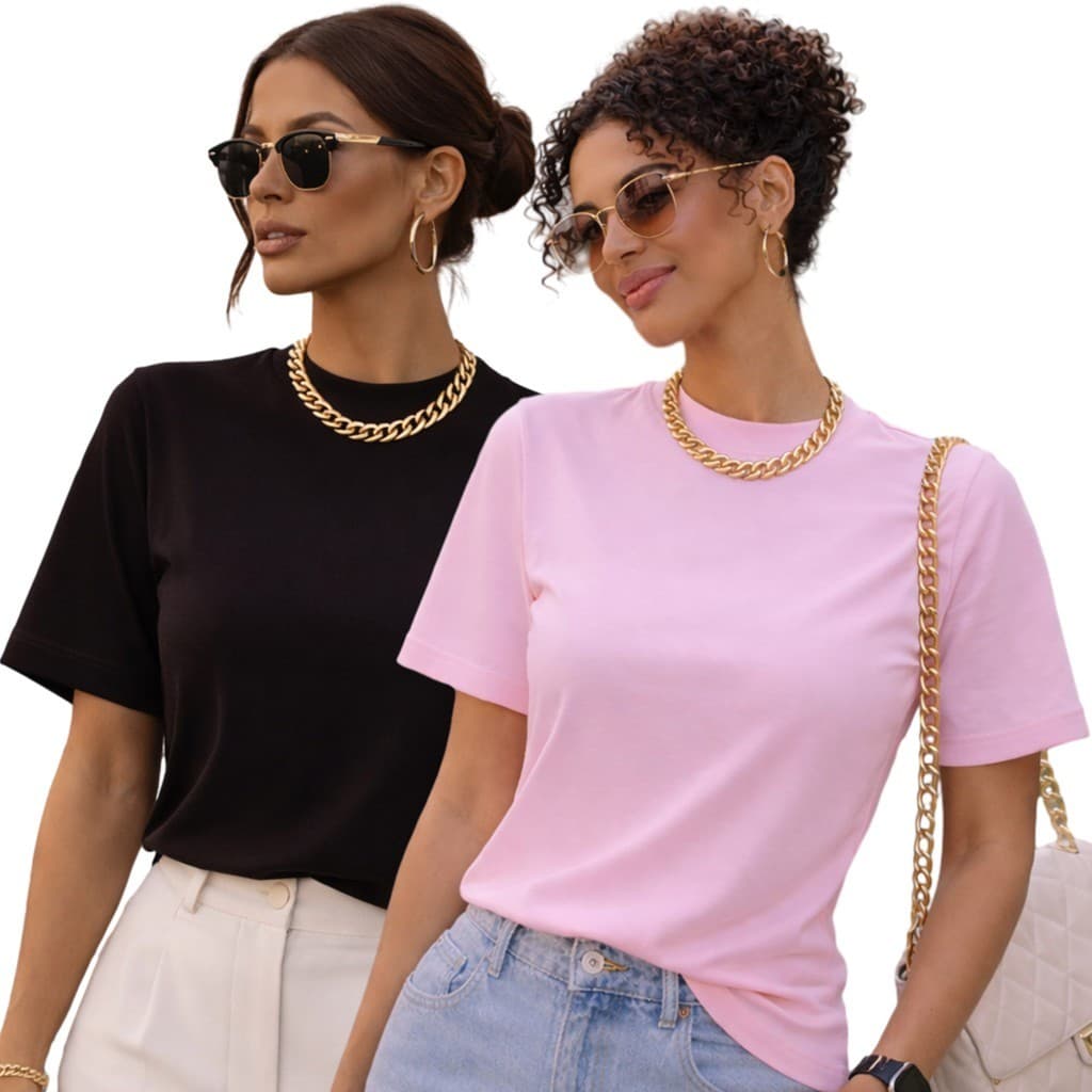 KIT 2 OU 1 Camisetas Oversized T-Shirt Feminina 100% Algodão Gola Alta Lisa Básica Premium Dia a Dia