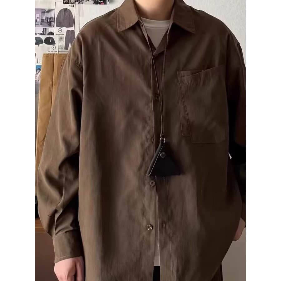 Camisa de textura de camurça estilo dinheiro antigo masculino americano Retro solto manga comprida costura Diagonal bols