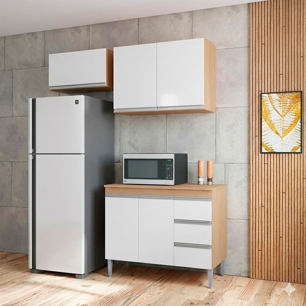Conjunto Kit Cozinha Compacta Balco Pia sem Tampo e 2 Armrios Areos Geladeira AJL Mveis