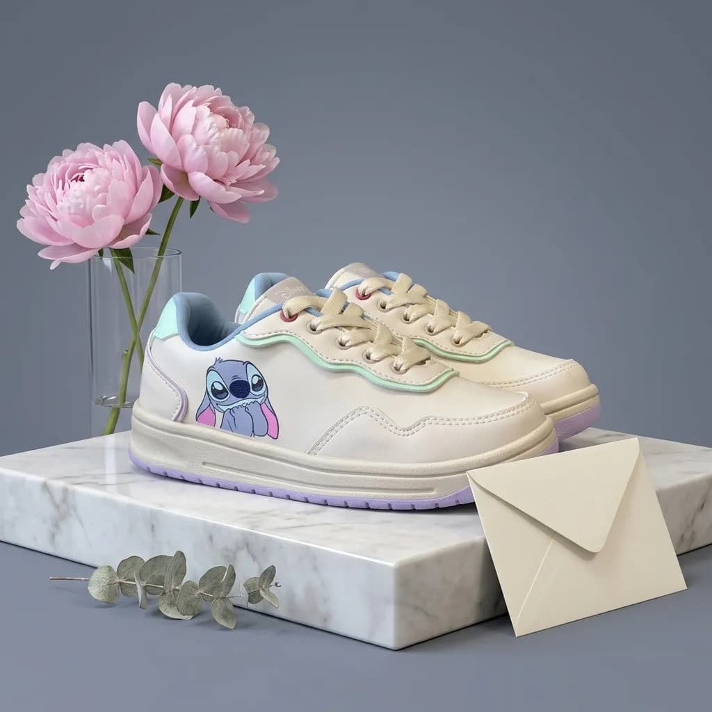 Tênis Menina Stitch Branco Cadarço Casual Leve Macio Solado Antiderrapante