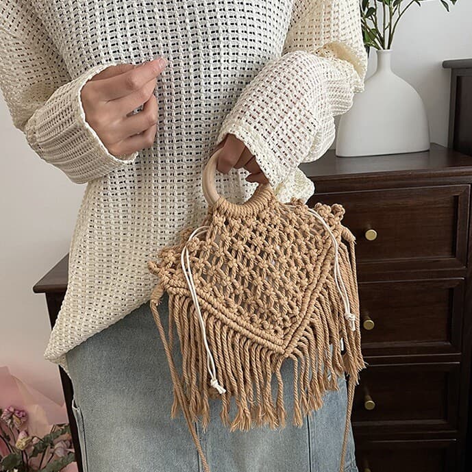 Novo anel de madeira artesanal portátil corda de algodão crochê Cross-body bolsa feminina tecido borla ombro bolsa femin