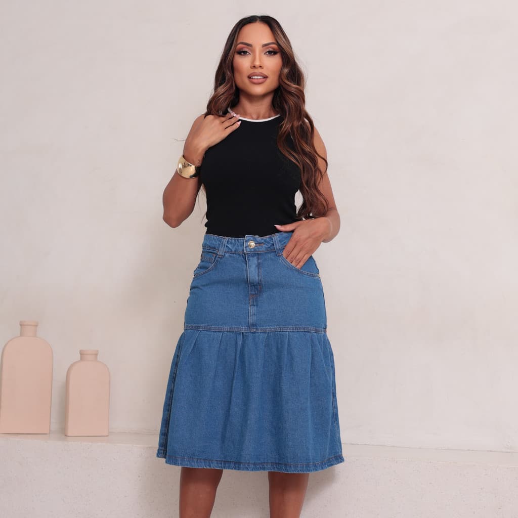 Saia Jeans Midi Feminina Cintura Alta Moda Blogueira Evangélica Godê Tendência