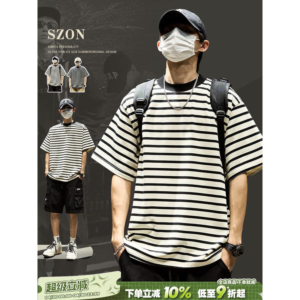 Camiseta listrada de manga curta masculina verão estilo japonês Street Wear camiseta pesada meia manga 2026 novo estilo