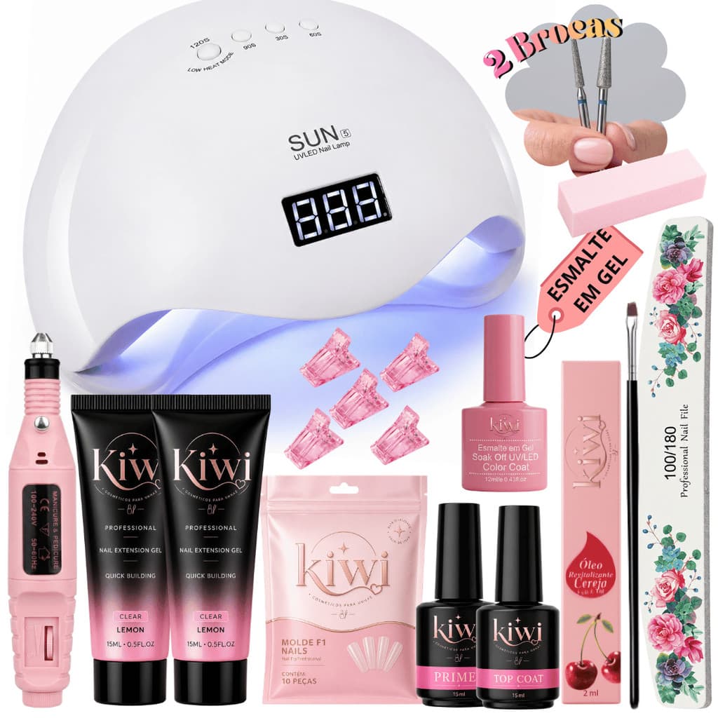 Kit Polygel Molde F1 Mini Cabine Sun5 48w Polygel 15ml Pincel Presilha Lixas Caneta Óleo Alongamento de Unha