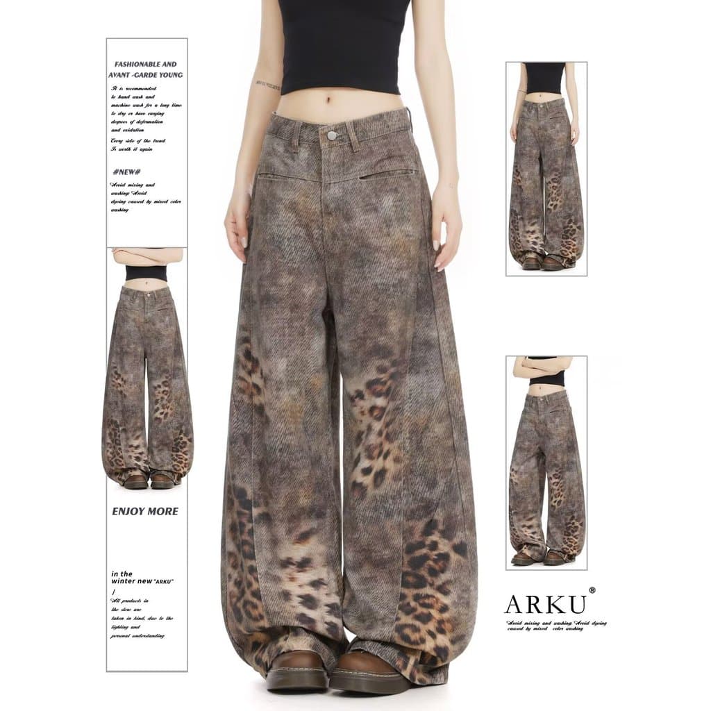 American Leopard Print Costura Machete Jeans Homens Angustiado Desconstrução Calças de Perna Larga Mulheres