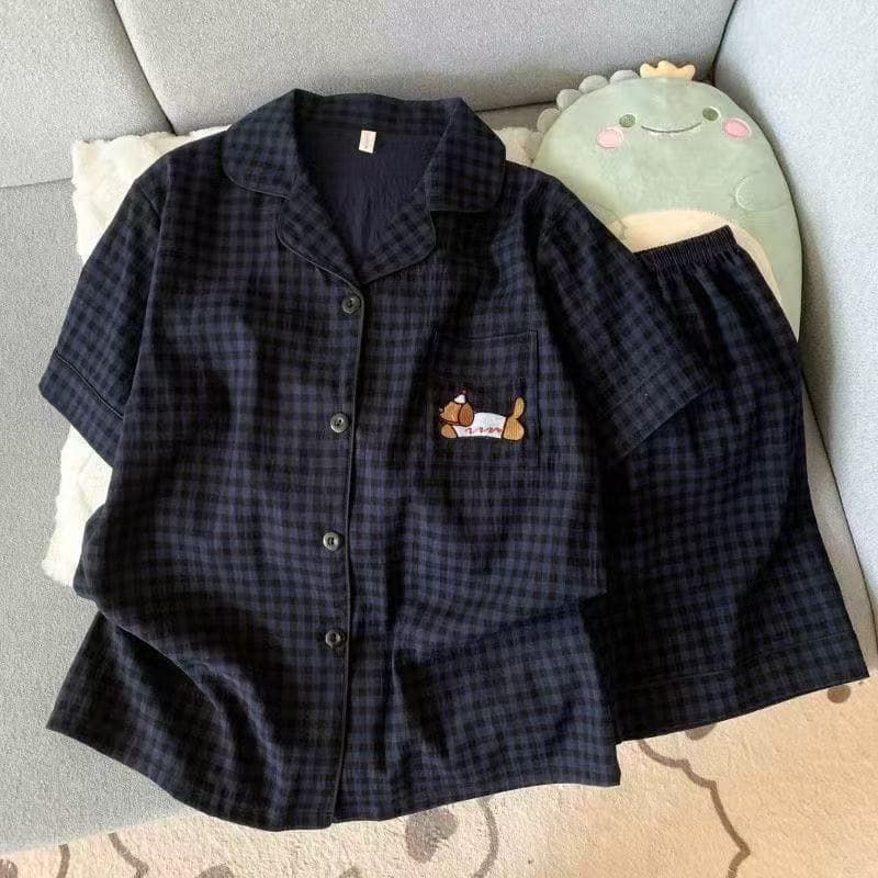 Pijama De Algodão Xadrez Preto Para Cachorro , Roupa De Dormir Macia Feminina Mulheres , Tiros De Manga Curta