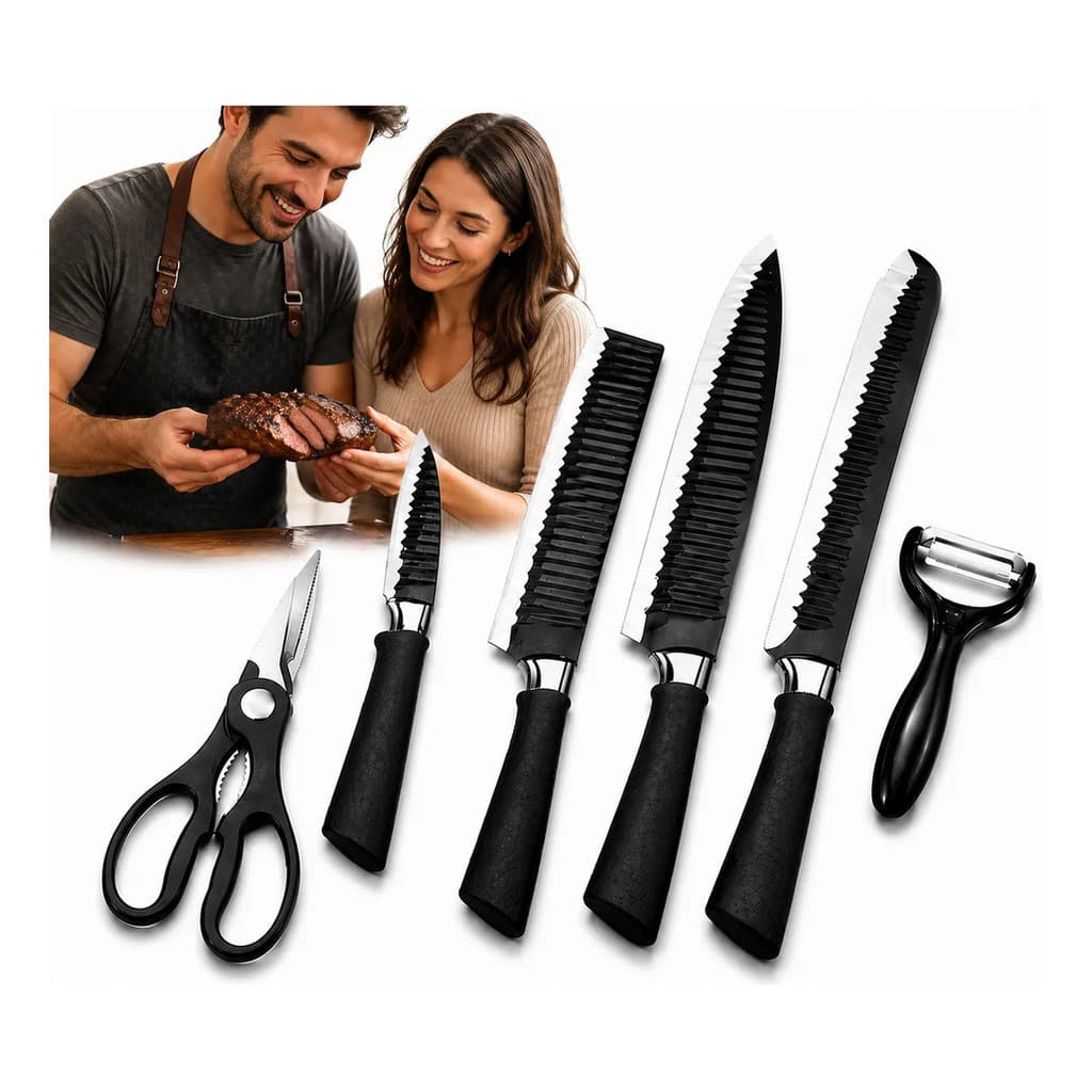Jogo de Facas do Chef Profissional 6 Peças Aço Inoxidável com Tesoura e Descascador Preto Premium para Cozinha e Churras