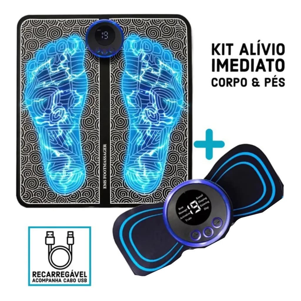 Kit Massageador Completo EMS Tapete Elétrico + Mini Portátil 8 Modos 19 Níveis Alívio Dores USB