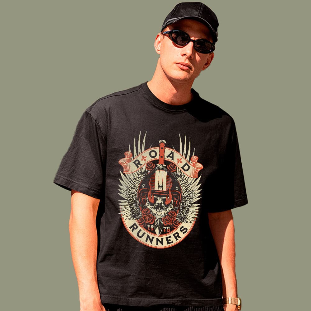 Camiseta Básica Moto Biker Caveira Road Runners Vintage 100% Algodão