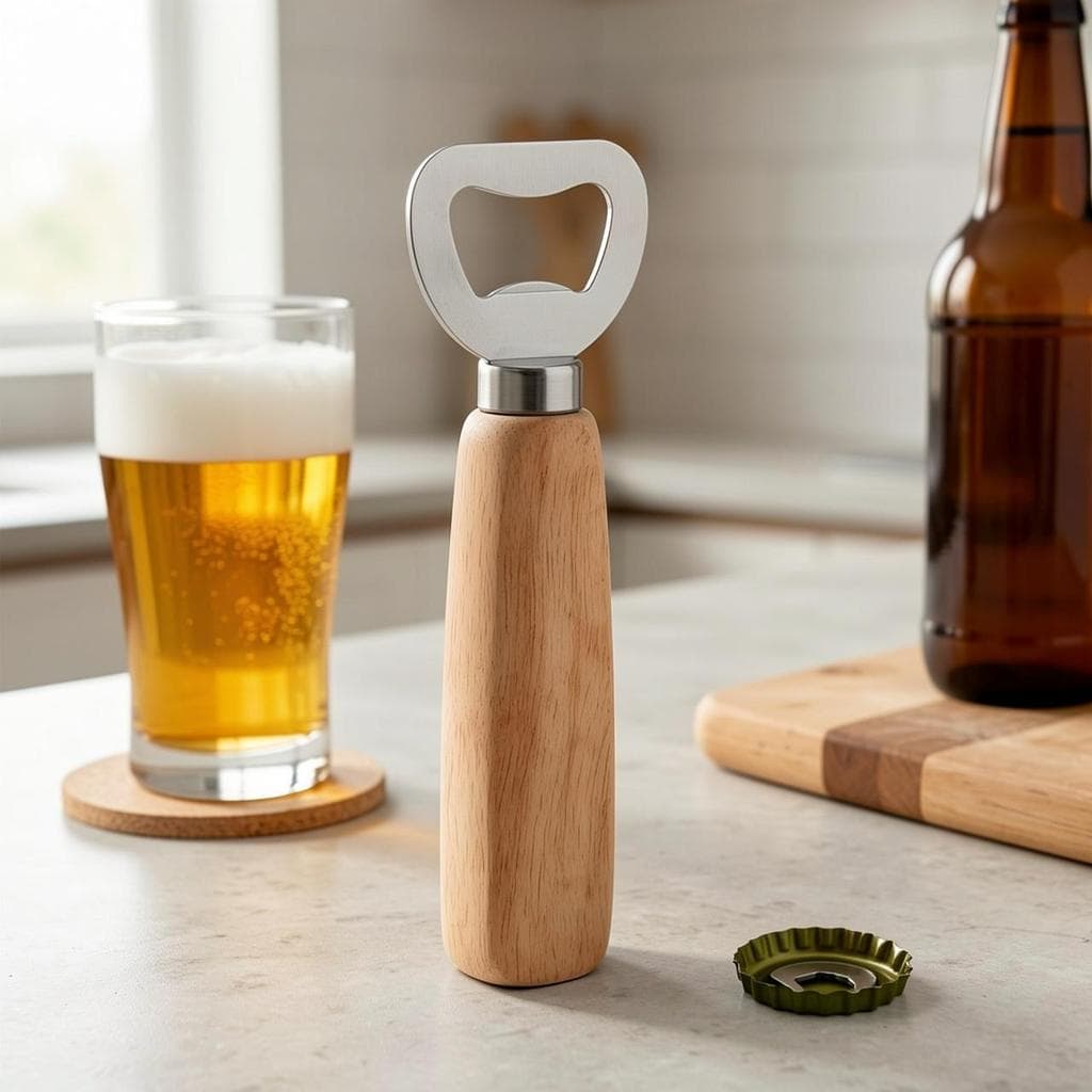 Abridor magnético de geladeira, madeira e aço inoxidável. Prático para cervejas e refrigerantes.