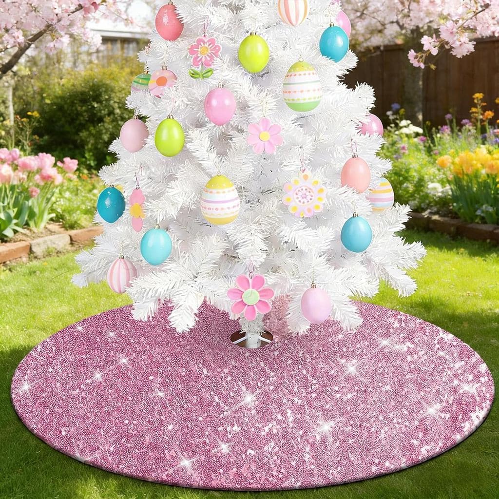 Saia de Árvore Rosa para Decoração de Primavera e Páscoa, 48 polegadas, Decorações Brilhantes de Lantejoulas, Enfeites p