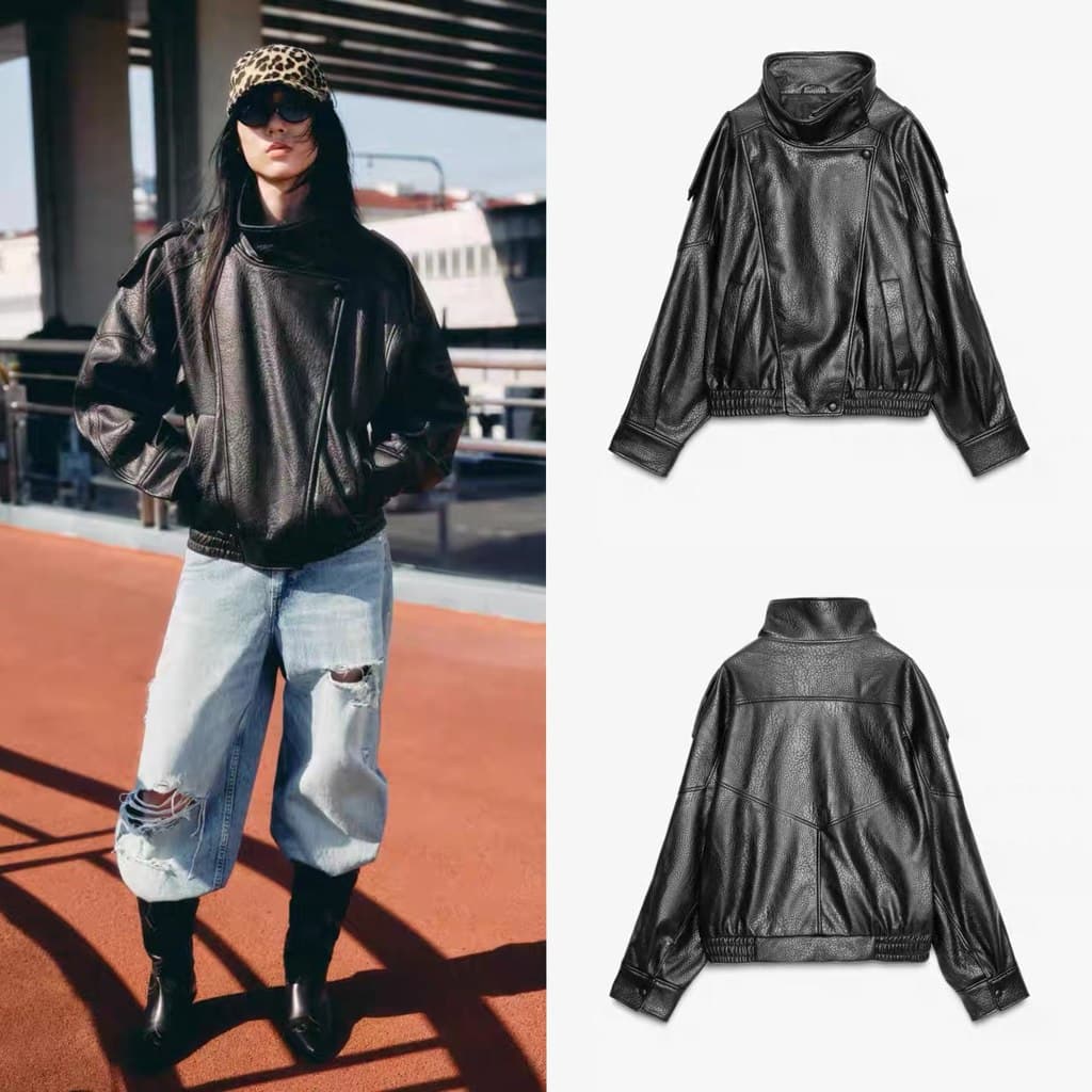 Jaqueta Feminina de Couro Sintético com Gola Alta e Manga Longa Estilo Novo de Outono Jaqueta de couro para motociclista