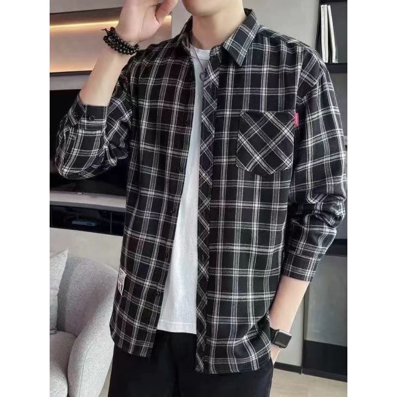 Japonês Retro xadrez Design Street wear puro algodão camisa de manga comprida masculina solta Casual resistente ao desga