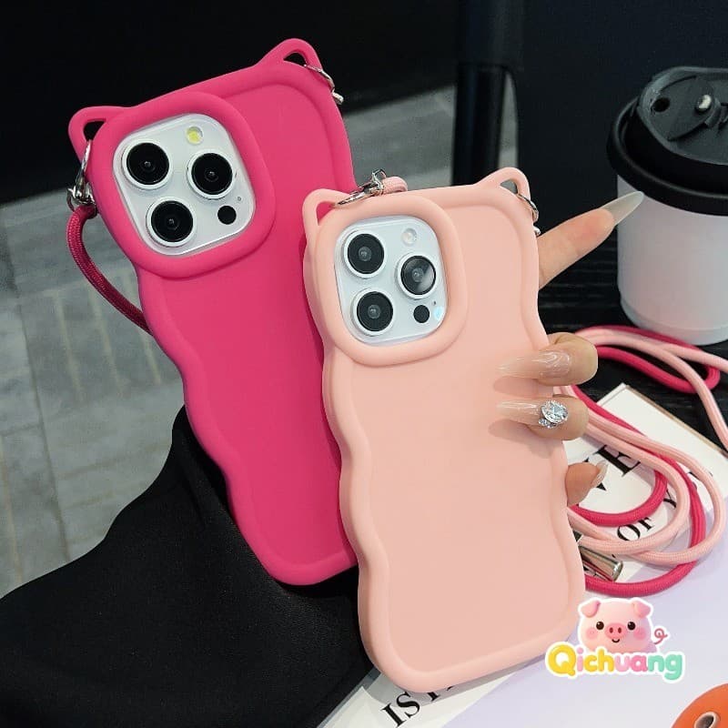 Capa De Orelha De Gato Com Borda Ondulada 3D Cordão Crossbody Ajustável Para Redmi Note 15 14 13 Pro Plus SE 9 Max 9S 5G