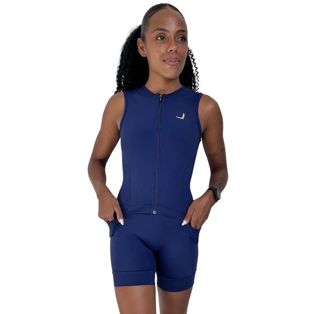 Macaquinho Fitness Feminino Corrida Treino Zero Transparencia Shorts com Bolsos Azul Marinho