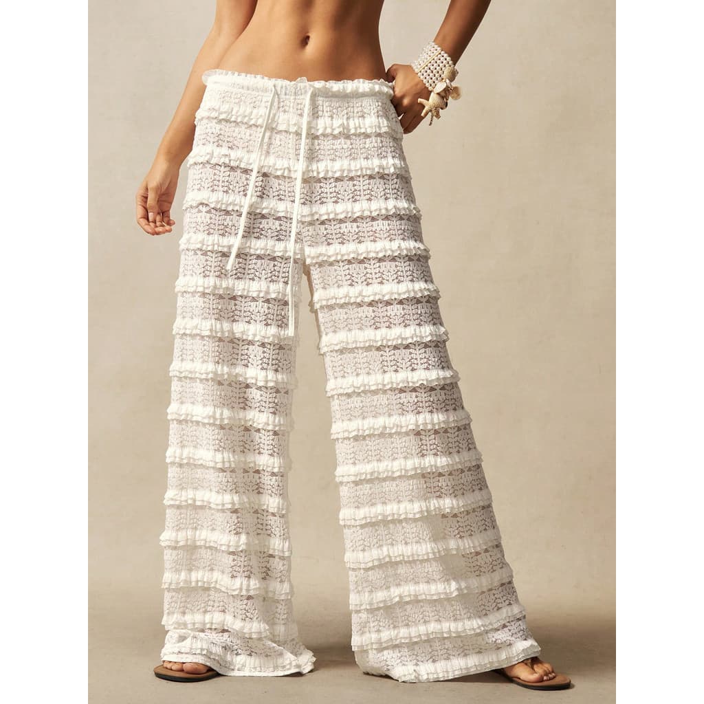 calca Calça casual Versátil Feminina De Verão , jacquard De Renda De Cor Sólida Vazada Solta Com Cadarço E Perna Reta