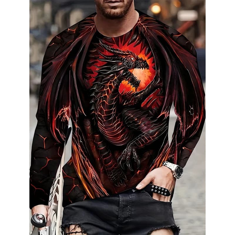 Camiseta Masculina De Manga Comprida Com Estampa De Dragão 3D Para Quatro Estações Daily Street Moda Casual