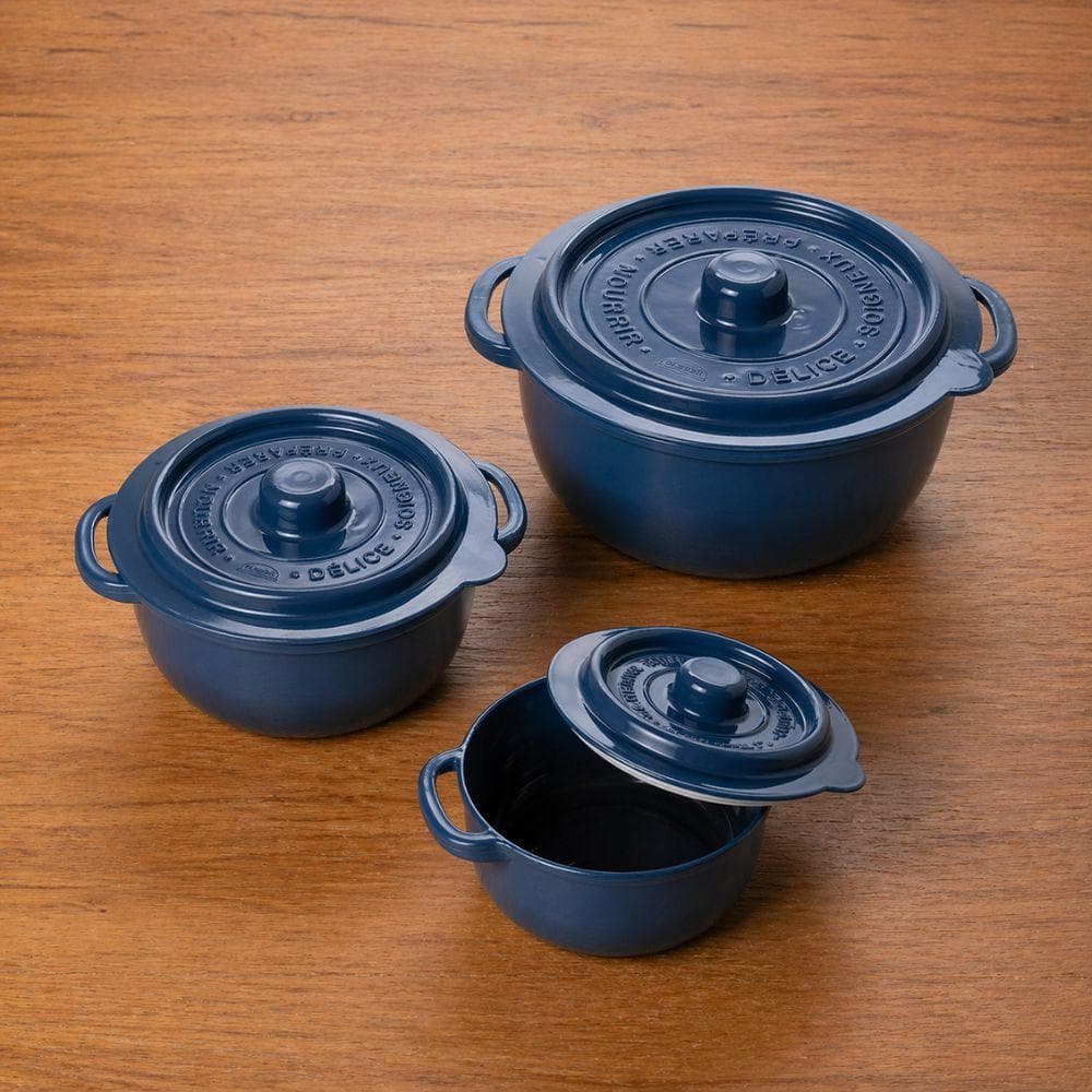 Kit 3 Potes Panelinhas Herméticas  Redondas Azuis Mini Caçarola Ramekin Plástico Plasútil
