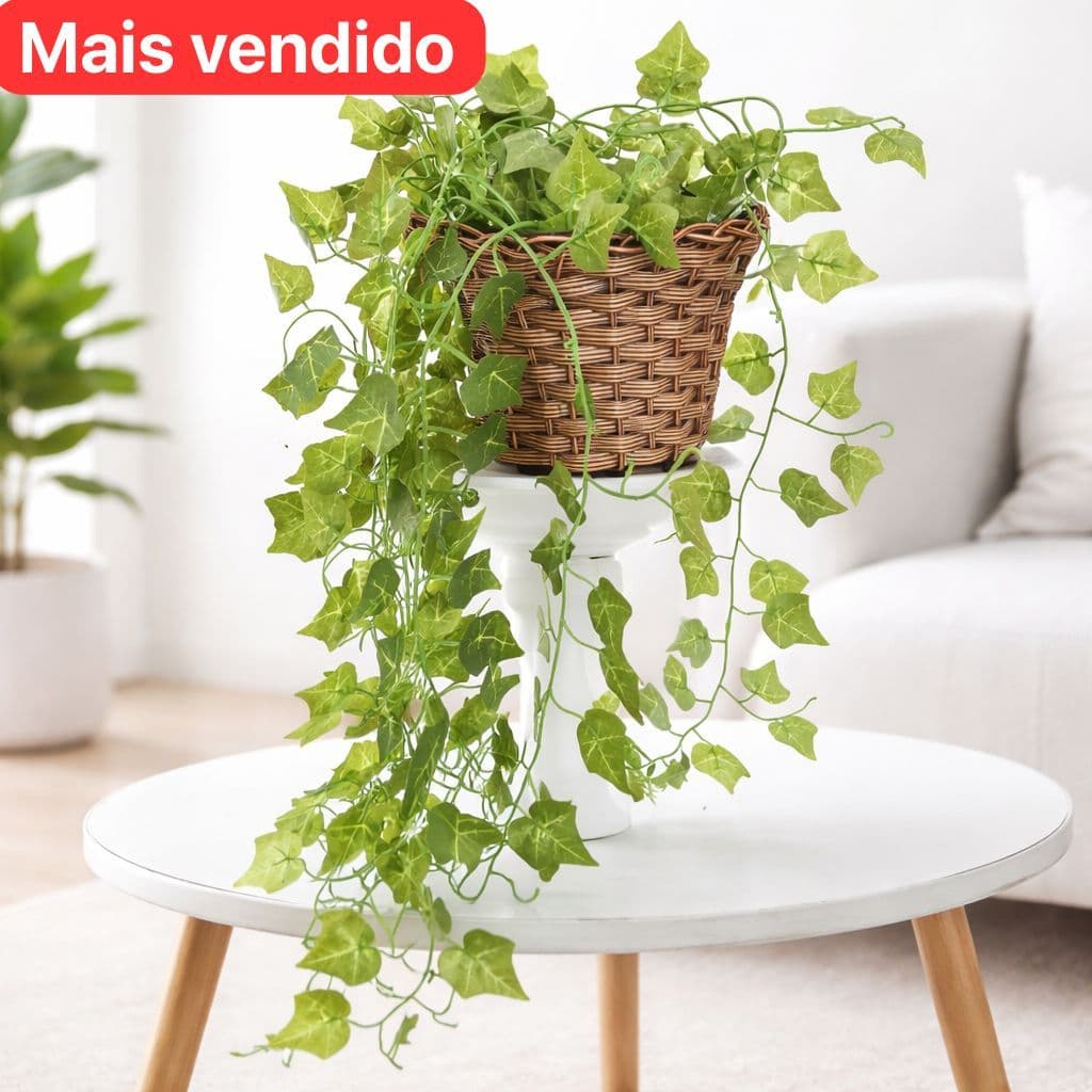 Planta Decorativa + Vaso GRANDE Trançado Marrom 3 Pendentes Artificial Folhas de Hera Begonia Jiboia PT15