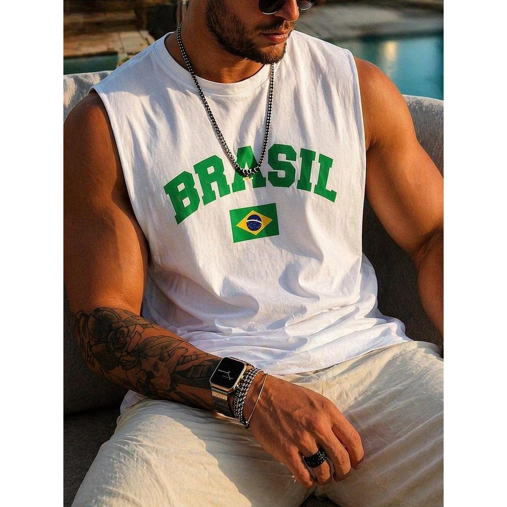 Camisa Masculina Regata Clássica Estampa BRASIL Sem Mangas e Gola Careca, Adequada para Esportes, Fitness e Uso Diário