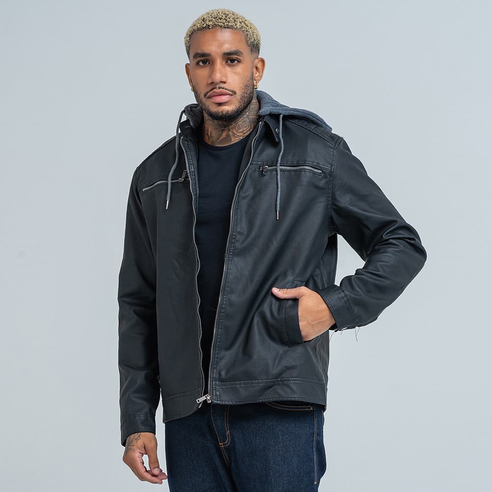 Jaqueta PU Masculina Preto Com Capuz Moletom Cinza