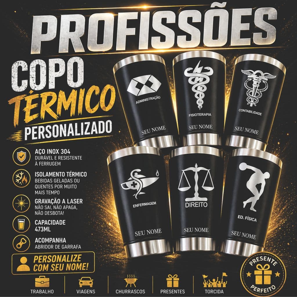 Copo Térmico Profissões Personalizado 473ml Inox com Nome Abridor Presente Ideal Várias Profissão
