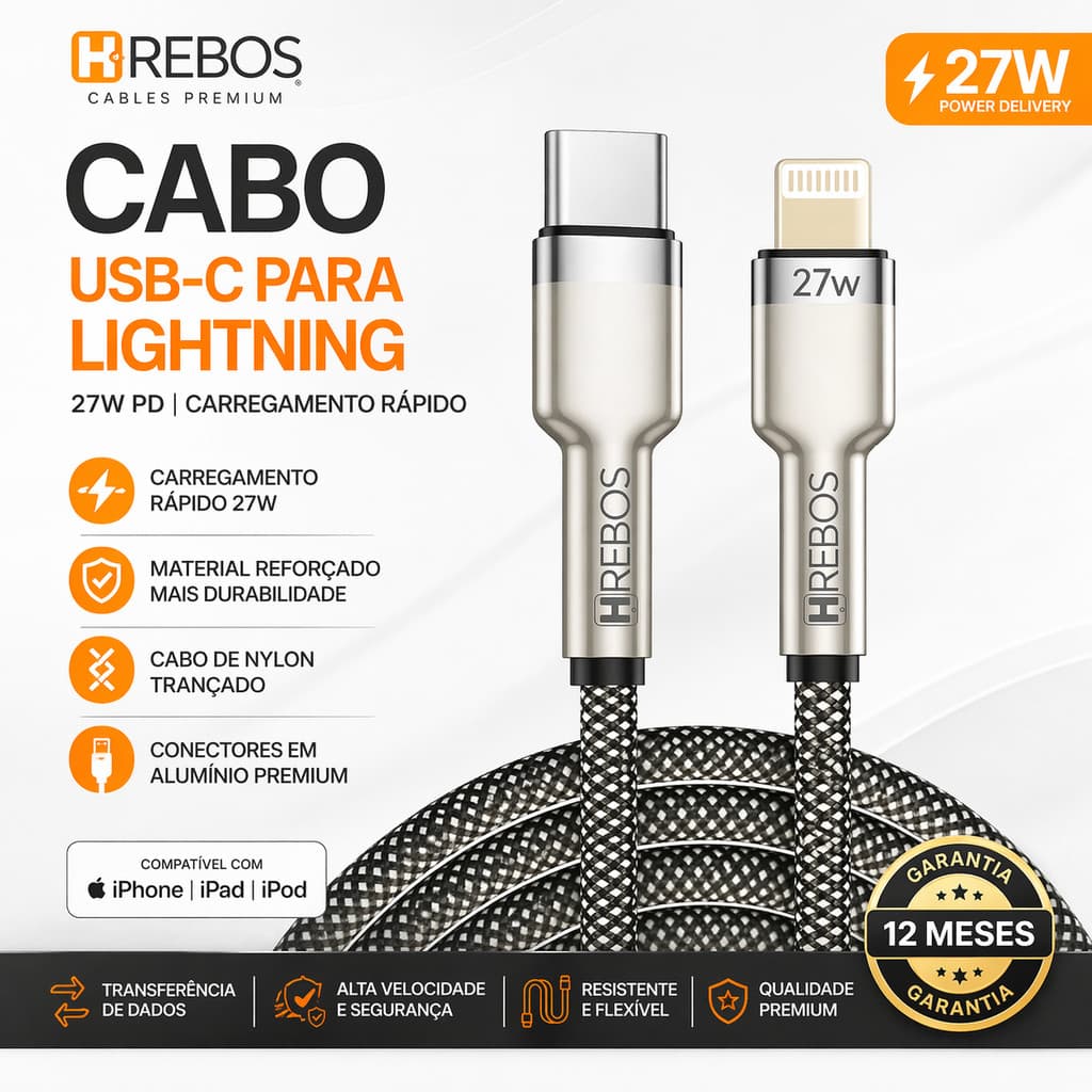 Cabo Carregador Iphone Turbo Duplo Tipo-C para Lightning 27w Nylon Reforçado Pd Hrebos Metal