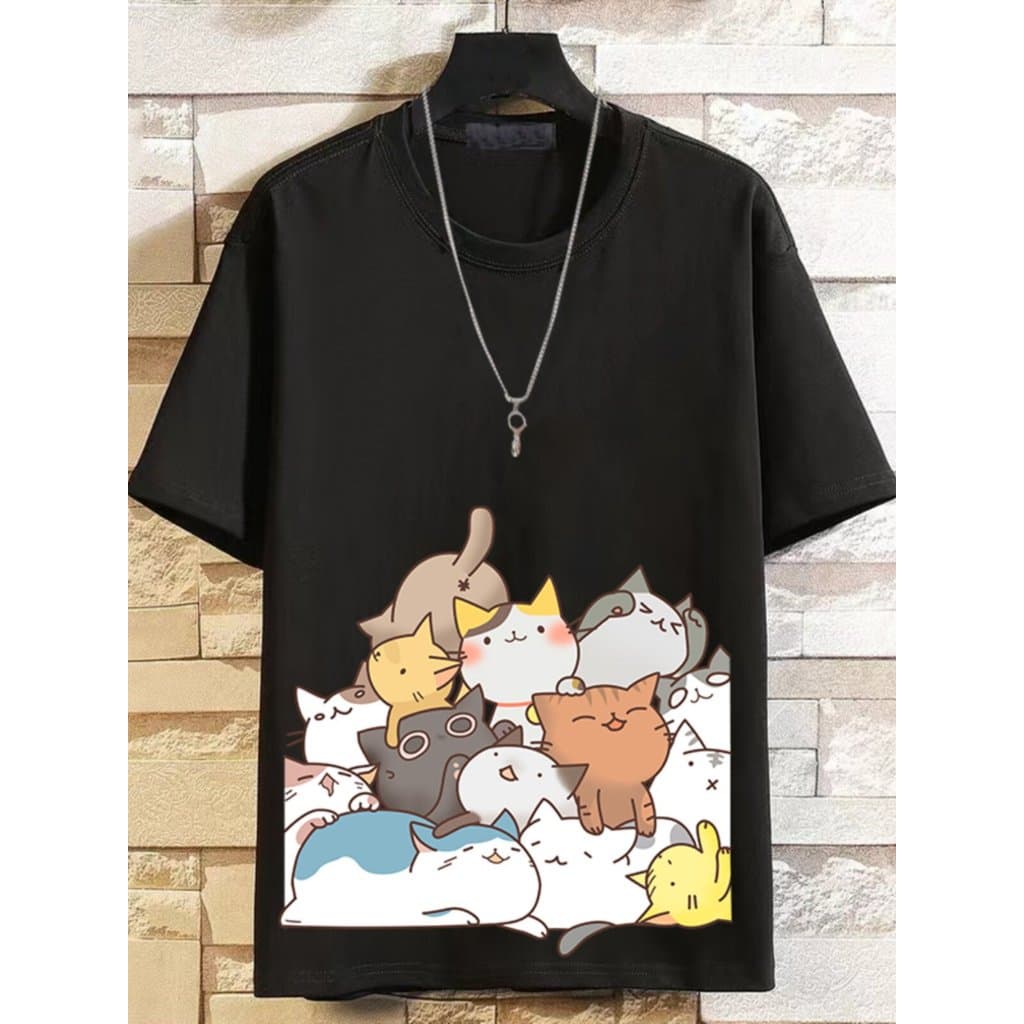 Verão pesado algodão manga curta camiseta na moda solta tamanho grande topo gato adolescente bonito estudante camiseta