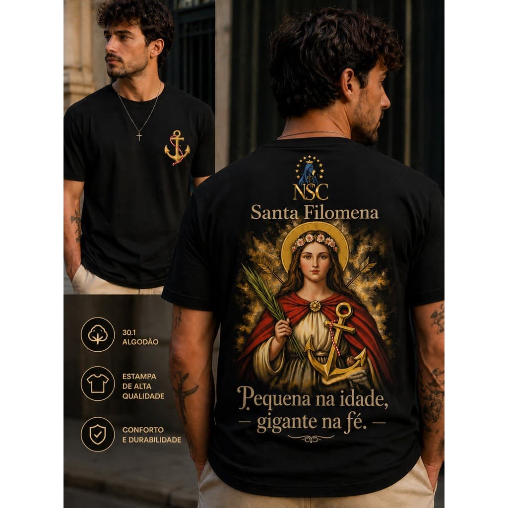 Camiseta Santa Filomena Unissex Algodão 30.1 Estampa Premium Fé Católica