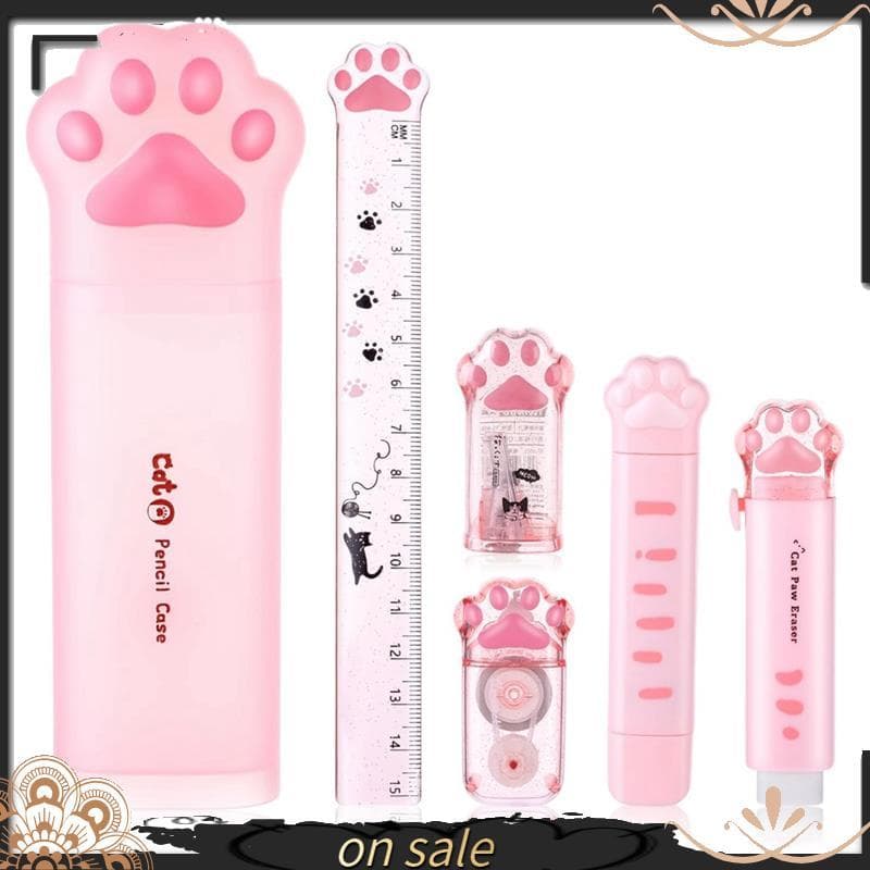 [Vendas Quentes Y] Conjunto De Papelaria De Gato Fofo , 6 Peças Kit Estacionário Kawaii Apontador De Lápis Régua De Fita