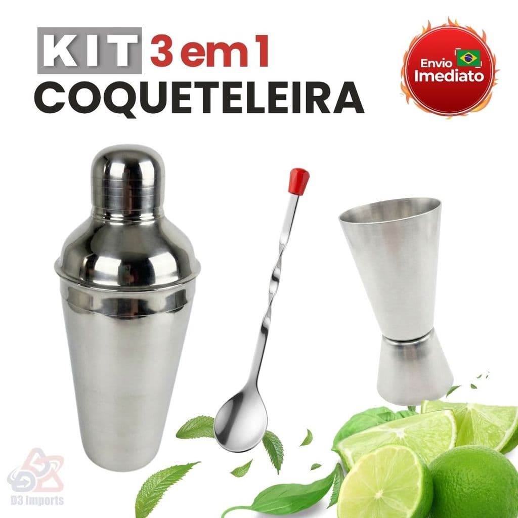 Kit Bar Coqueteleira De Inox Com Colher Bailarina E Dosador Duplo Para Bebidas Drink Restaurante