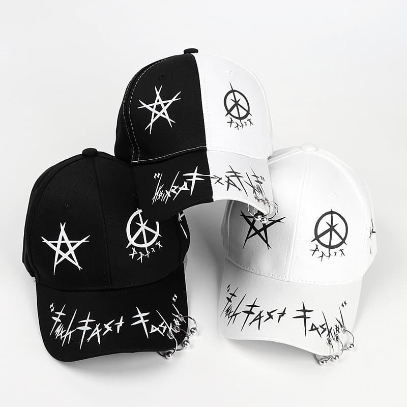 Boné Preto e Branco Feminino, Versátil, Estiloso, com Três Anéis de Aço, Boné de Beisebol com Anel, Boné Masculino de Es
