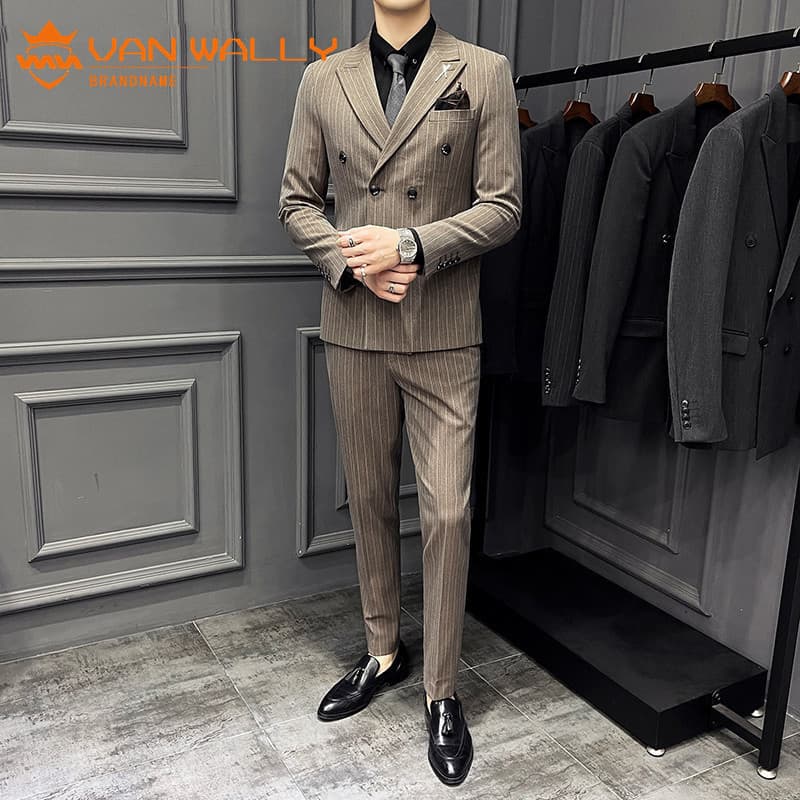 Listrado duplo Breasted terno masculino negócios Casual trabalho macacão terno de três peças vestido de casamento do noi
