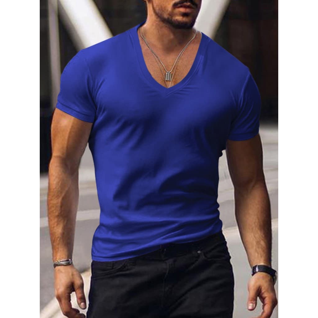 2023 verão novo estilo masculino com decote em V cor sólida tamanho grande Casual manga curta camiseta masculina manga c