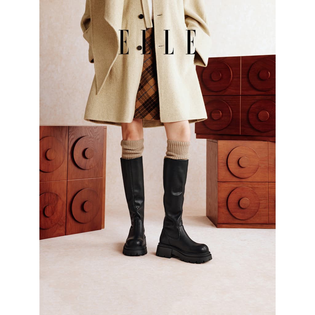 ELLE Botas de tubo grande Botas femininas 2026 Novo estilo outono preto botas de cavaleiro de sola grossa botas Super qu