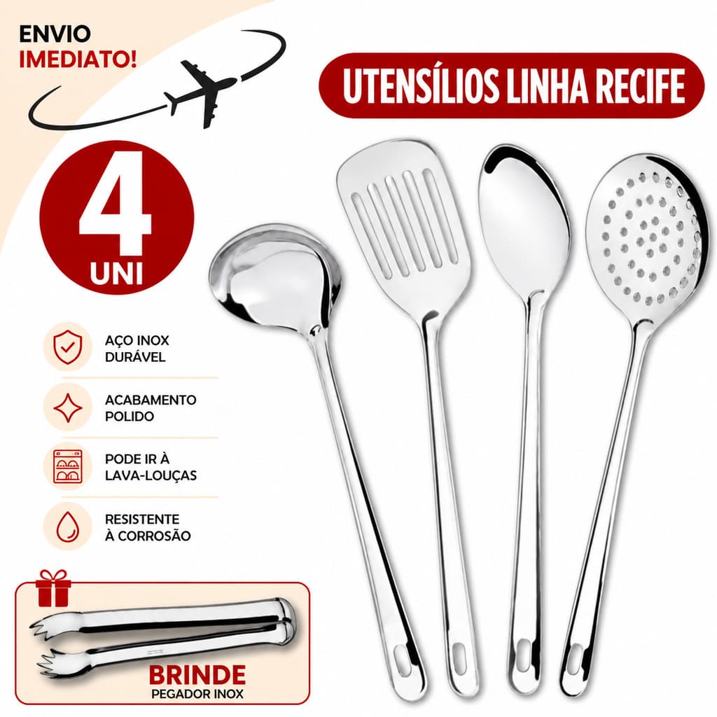 Kit Cozinha Inox 4 Peças Profissional Concha Colher Escumadeira Espátula * Envio Imediato *