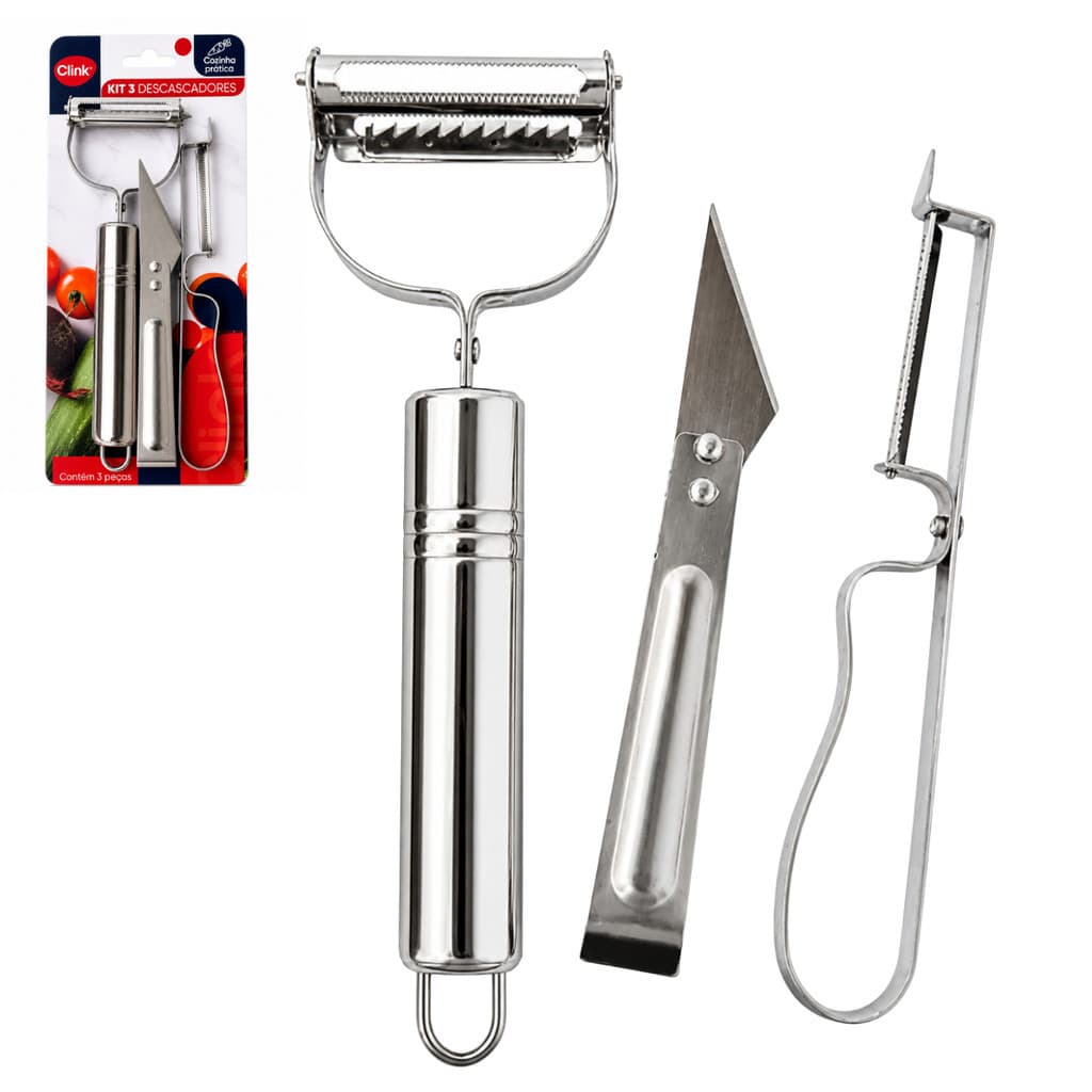 Kit Descascador de Legumes e Frutas 3 Peças Clink em Aço Inox – Ralador, Fatiador e Descascador Multifuncional