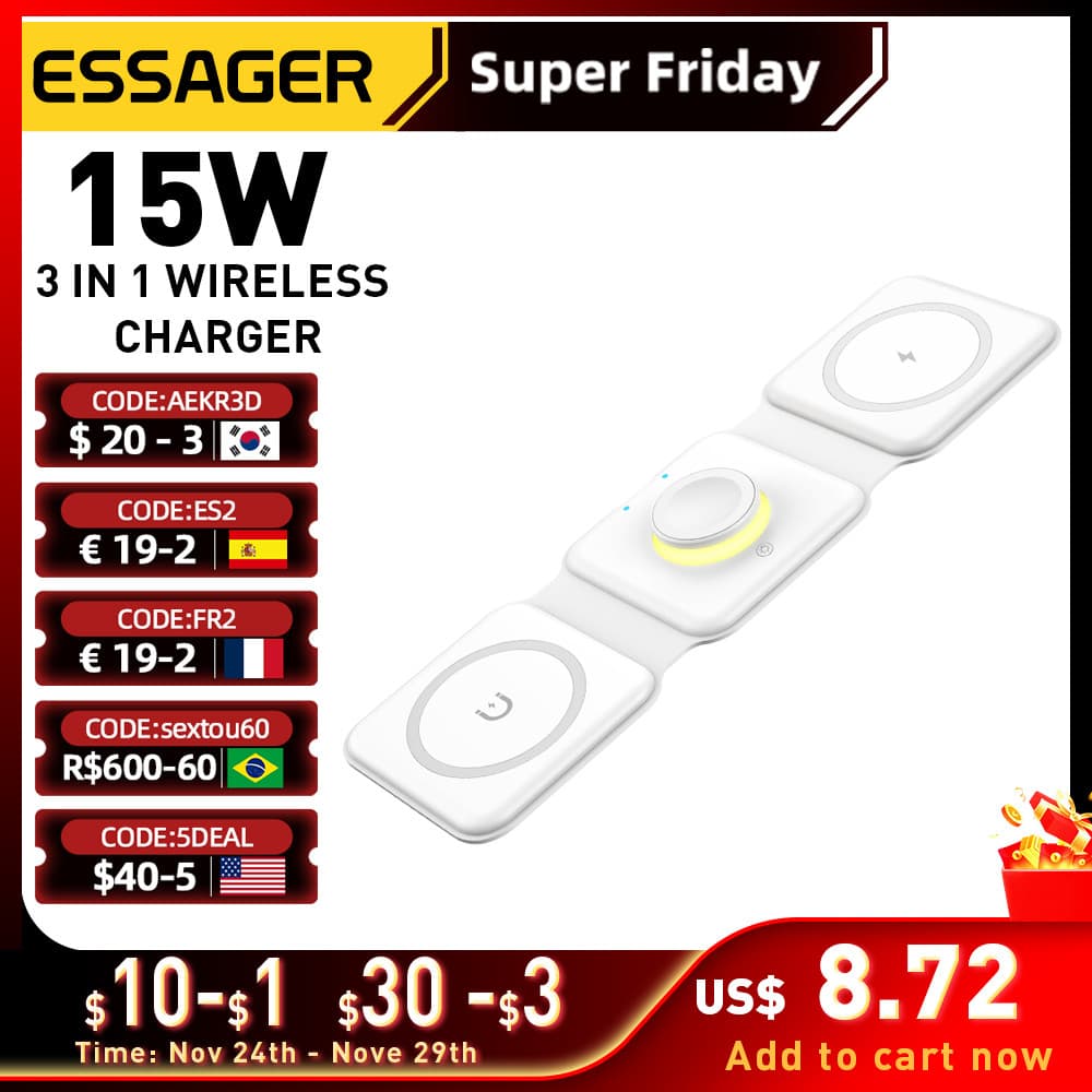 QXZ Essager 3 Em 1 Magnético 15W Qi Carregador Sem Fio Dobrável Suporte Para IPhone 14 13 12/Airpod/iWatch 7 6 Carregame