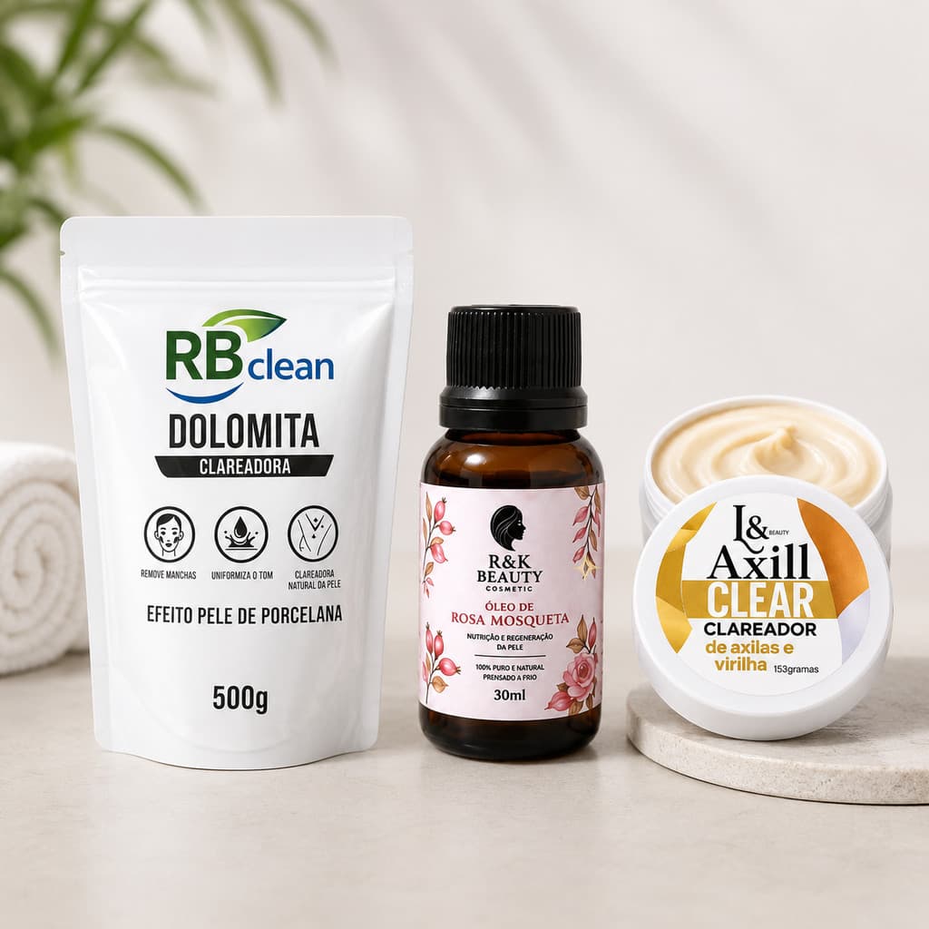 Kit Clareador Pele Porcelana Dolomita + Rosa Mosqueta + Clareador Axilas e Virilha 3 Itens