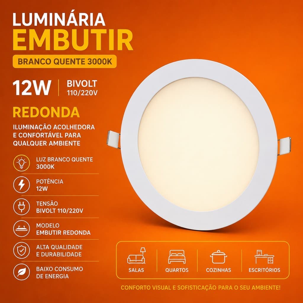 Luminária  Led De Teto Redondo Embutir 12w 3000k Branco Quente 110/220v (bivolt) MbLed