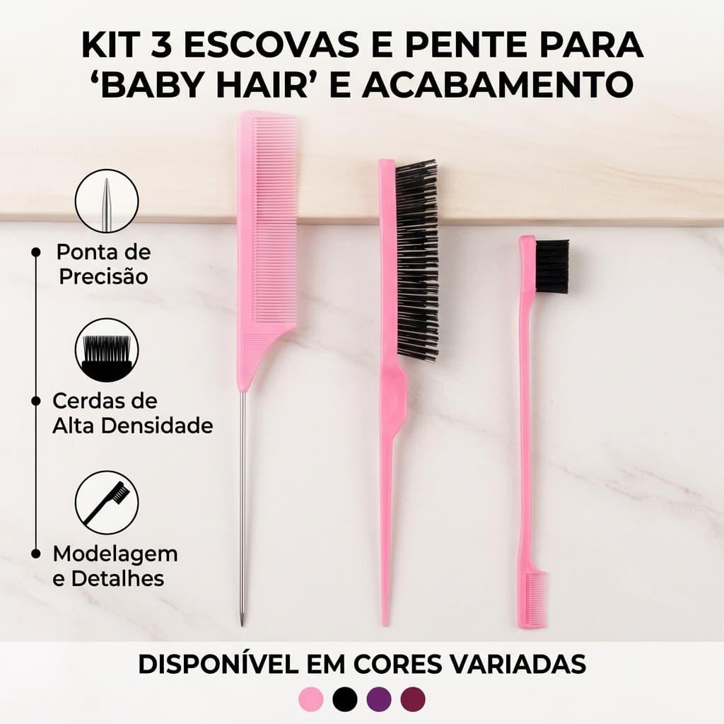 Kit 3 em 1 Profissional Salão Escova + Pente Ponta de Aço + Pincel Duplo Sobrancelha Penteado