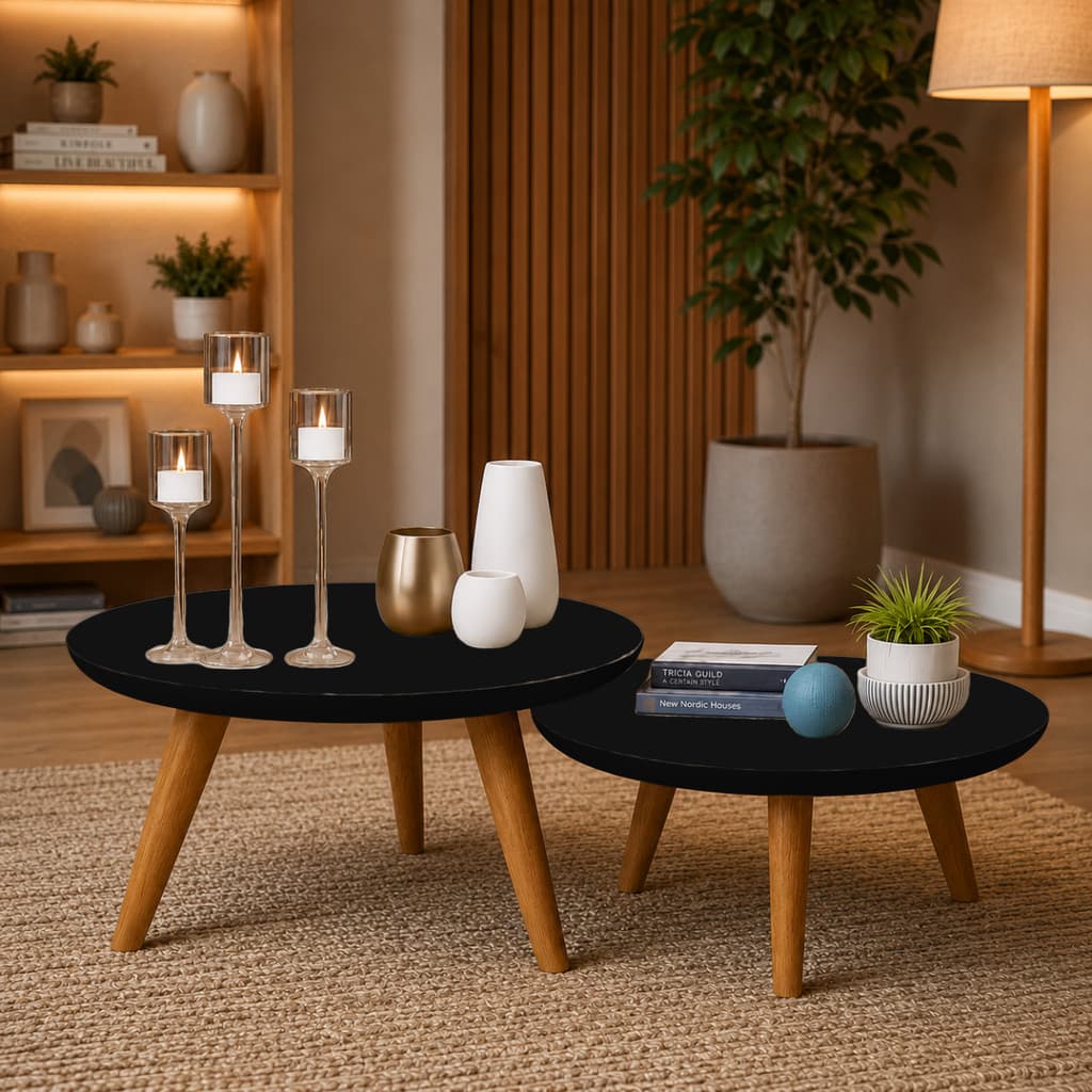 Conjunto De Mesas De Centro Redondas Meio Sala Pés Palito Madeira Para Decoração Moderna