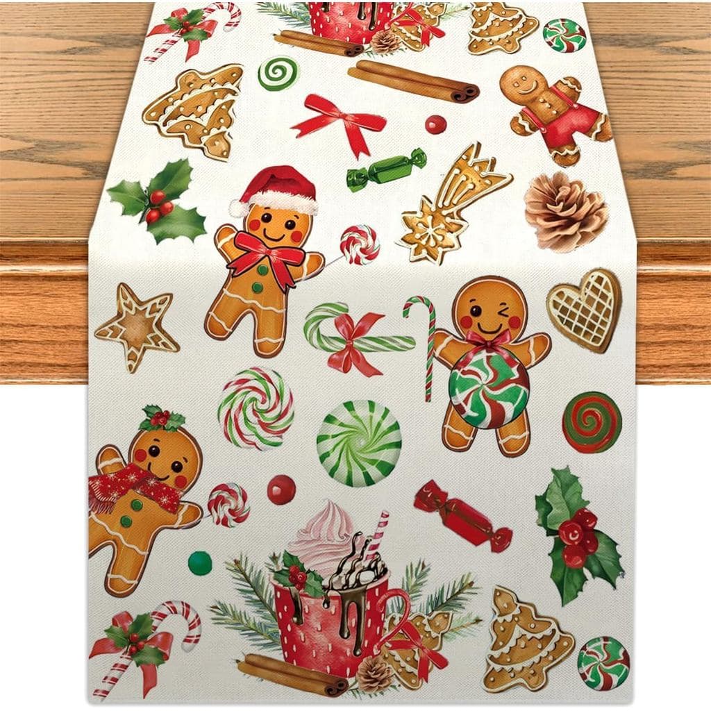 Gingerbread Christmas Table Runner Ginger Bread House Xmas Kitchen Dining Table Centerpiece Hot Coco Winter Holiday Deco