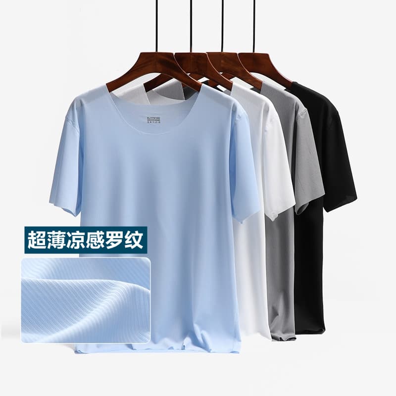 Camiseta masculina de manga curta de seda gelo com rosca sentido de gelo Casual Top masculino tamanho grande solto estir