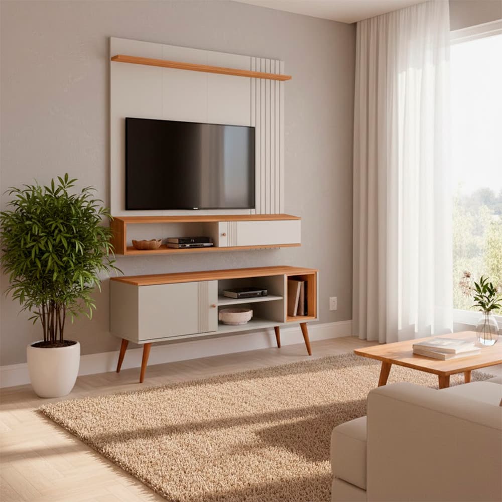 Conjunto Sala Milo Painel Suspenso 136cm TV 55 Polegadas e Rack Estante 136cm Peternella Mveis