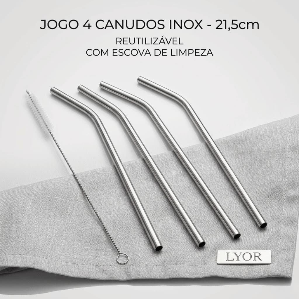 Jogo 4 Canudos Inox 21,5cm Reutilizavel com Escova Limpeza - Lyor Sustentavel Bebidas Bar Cozinha