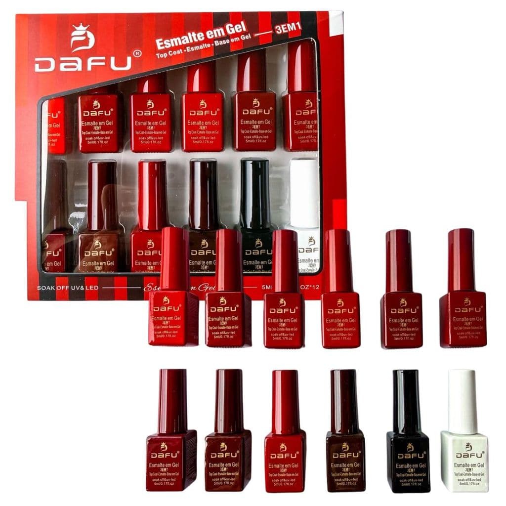 Box com 12 Esmalte Gel UV LED DAFU DF-ONE12-V Vermelho 3 em 1 TOP COAT+ESMALTE+BASE EM GEL 5ml Nail